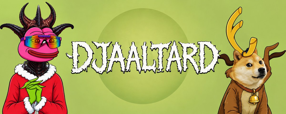 DJAALTARD banner: Djaal, the pink devil with horns, rainbow shades and green Grinch hands